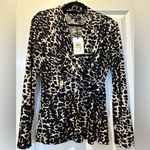 DKNY Leopard Animal Print Stretchy Wrap Long Sleeve Top NWT SZ Medium
